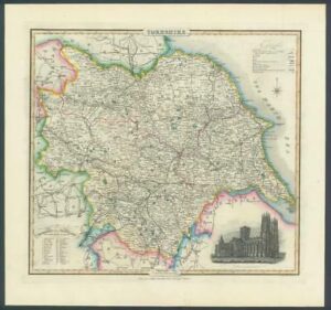1846 - Original Antique Map of YORKSHIRE by Slater YORK CATHEDRAL Colour