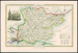 1846 - Original Antique Map of ESSEX by Slater SAFFRON WALDEN CHURCH Colour