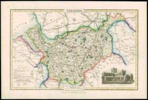 1846 - Original Antique Map of CHESHIRE by Slater CHESTER CATHEDRAL