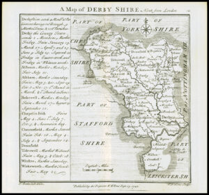 1745 Original Antique Map DERBYSHIRE by Badeslade & Toms (BT12)