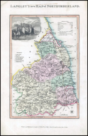 1817 Original Antique LANGLEY'S NEW MAP OF NORTHUMBERLAND Belch (LNM20)