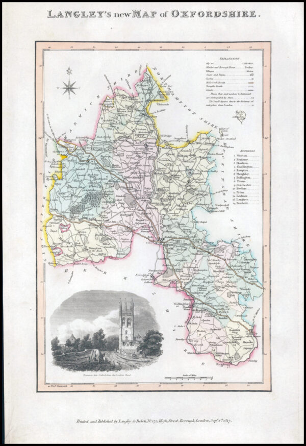 1817 Original Antique LANGLEY'S NEW MAP OF OXFORDSHIRE Belch (LNM22)