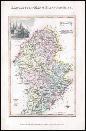 1818 Original Antique LANGLEY'S NEW MAP OF STAFFORDSHIRE Litchfield (LNM26)