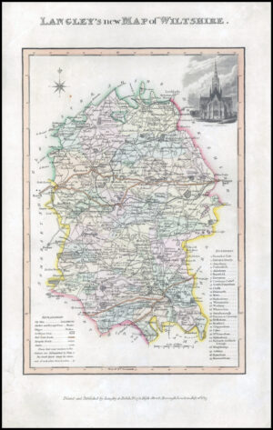 1817 Original Antique LANGLEY'S NEW MAP OF WILTSHIRE Salisbury (LNM30)
