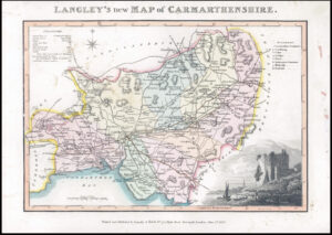 1818 Original Antique LANGLEY'S NEW MAP OF CARMARTHENSHIRE Wales (LNM35)