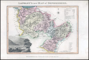 1818 Original Antique LANGLEY'S NEW MAP OF DENBIGHSHIRE WALES Llangollen (LNM37)