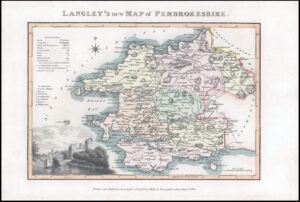 1818 Original Antique LANGLEY'S NEW MAP OF PEMBROKESHIRE Wales (LNM43)