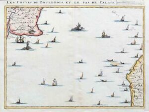 1709 Large Antique Map LES COSTES DU BOULENOIS Calais England KENT Ships (LM10)