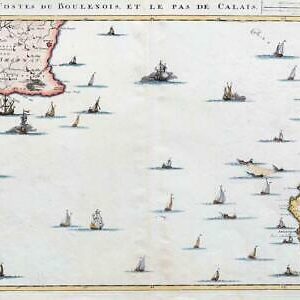 1709 Large Antique Map LES COSTES DU BOULENOIS Calais England KENT Ships (LM10)