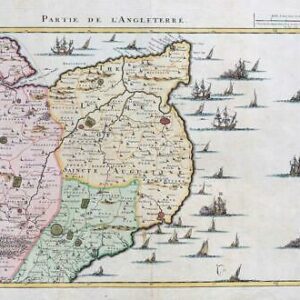 1709 - Large Antique Map PARTIE DE L'ANGLETERRE East England KENT Ships (LM10)