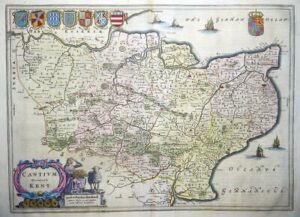 c1645 Large Map of KENT "CANTIUM" by BLAEU Latin Edition with early hand colour