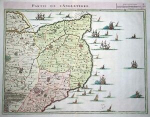1709 - Large Antique Map PARTIE DE L'ANGLETERRE East England KENT Ships (LM4)
