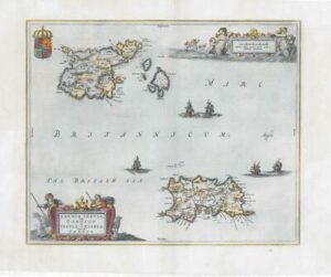 1659 SARNIA GARNSEY JARSEY Map Jersey Guernsey Sark Herm by Blaeu Spanish (EB)