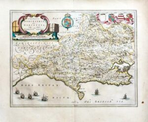 1659 Map of DORSET Dorcestria Dorsettia by Blaeu Spanish Edition (EB)