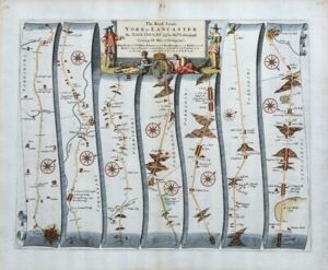 1675 Road Map YORK to LANCASTER Allerton Knaresborough Skipton Settle by OGILBY