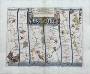 1675 LONDON to HITH Hythe Kent Large Road Map Ogilby Eltham Maidstone Ashford