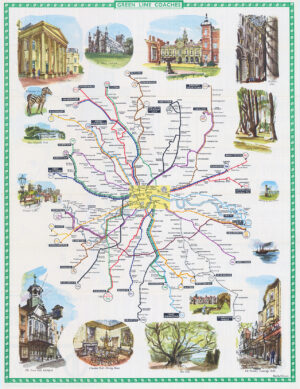 1963 Vintage Pictorial Map GREEN LINE COACHES London & Home Counties LEWIS