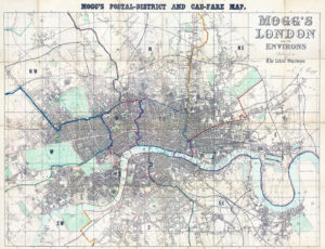 c1857 MOGG'S POSTAL DISTRICT AND CAB FARE MAP LONDON ENVIRONS Folding (LM50-17)