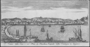 1749 Original antique print A prospect of Barcelona, engraved by Sesone (PS1)