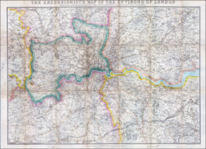 c1890 EXCURSIONIST'S MAP OF THE ENVIRONS OF LONDON Antique Folding Weller