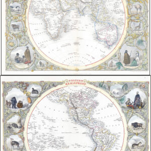 1850  TALLIS WESTERN & EASTERN HEMISPHERE World Pair of Maps (LM57)