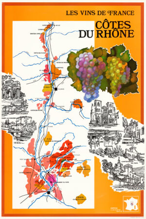 1975 Original Vintage LES VINS DE FRANCE CÔTES DU RHÔNE French WINE MAP