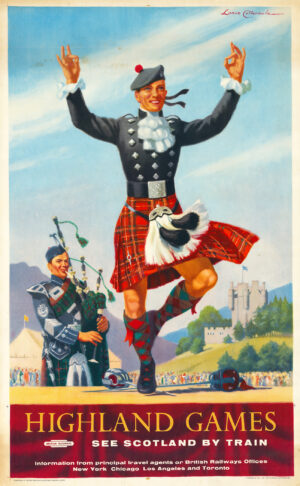 1960 Original HIGHLAND GAMES SEE SCOTLAND BY TRAIN Poster Cattermole