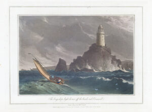 1823 Original antique aquatint LONG SHIPS LIGHTHOUSE Lands End Cornwall