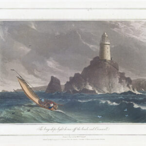 1823 Original antique aquatint LONG SHIPS LIGHTHOUSE Lands End Cornwall