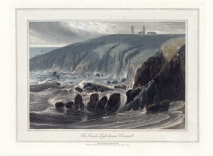 1823 Original antique aquatint THE LIZARD LIGHTHOUSES Lands End Cornwall