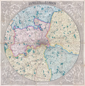 1850 - 24 MILES ROUND LONDON George Cruchley Large antique folding Map