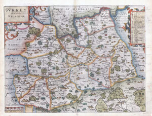 1607 - RARE 1st Edition Original Antique Map SURREY by Saxton Kip/Hole (S2)