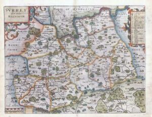 1607 - RARE 1st Edition Original Antique Map SURREY by Saxton Kip/Hole (S2)