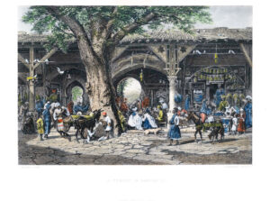 1886 A STREET IN DAMASCUS Bazaar Syria Original Antique engraving (SME1)