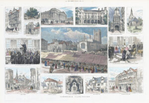 1887 Large antique print VIEW OF CAMBRIDGE Museum Colleges Market Place