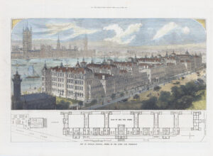 1871 Large antique print ST THOMAS'S HOSPITAL Thames Houses Parliament LONDON