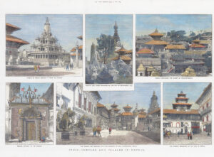 1880 Large Antique print TEMPLES PALACES IN NEPAL India Durbar