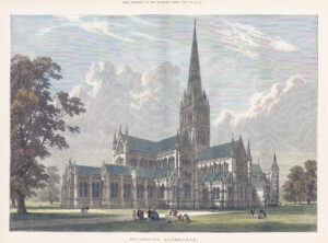 1876 Large antique print View of SALISBURY CATHEDRAL Wiltshire