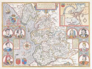 1676 Original Antique Map of LANCASHIRE by John Speed Bassett Chiswell