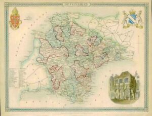 1837 ORIGINAL ANTIQUE Decorative MAP - DEVONSHIRE by Thomas Moule Hand Colour