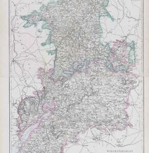 1863 Large Antique Map WORCESTERSHIRE & GLOUCESTERSHIRE by Edward Weller (DA11)