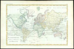 1780 - Original Antique Map of PLANISPHERE MERCATOR World Map by Bonne (BMii/17)