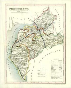 1860 Joshua Archer map of CUMBERLAND England with outline colour (AM3/20)
