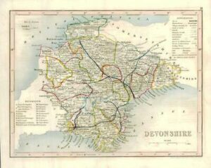1860 Joshua Archer map of DEVONSHIRE England with outline colour (AM3/22)