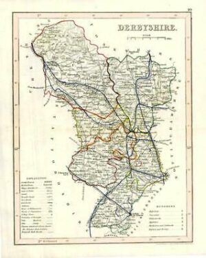 1860 Joshua Archer map of DERBYSHIRE England with outline colour (AM3/21)