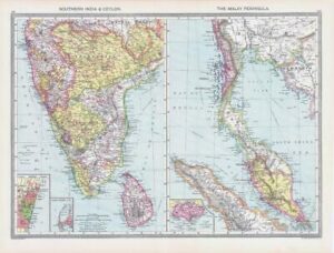 c1907 Large Antique Map SOUTHERN INDIA CEYLON Malay Peninsula Singapore (ISM)
