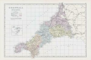 1883 Large Map of CORNWALL Ordnance Survey by Bacon (BO6)