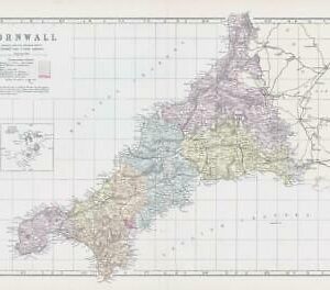 1883 Large Map of CORNWALL Ordnance Survey by Bacon (BO6)