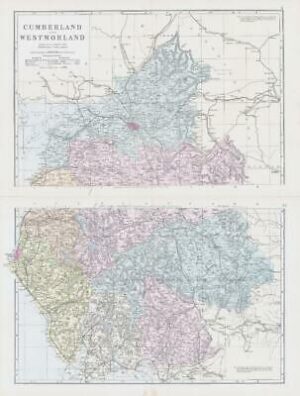 1883 Large Map CUMBERLAND & WESTMORLAND Set of 2 Ordnance Survey Bacon (BO7/8)