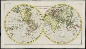 1780 Original Antique Map of L'ANCIEN MONDE HEMISPHERES World Map by Bonne (50)